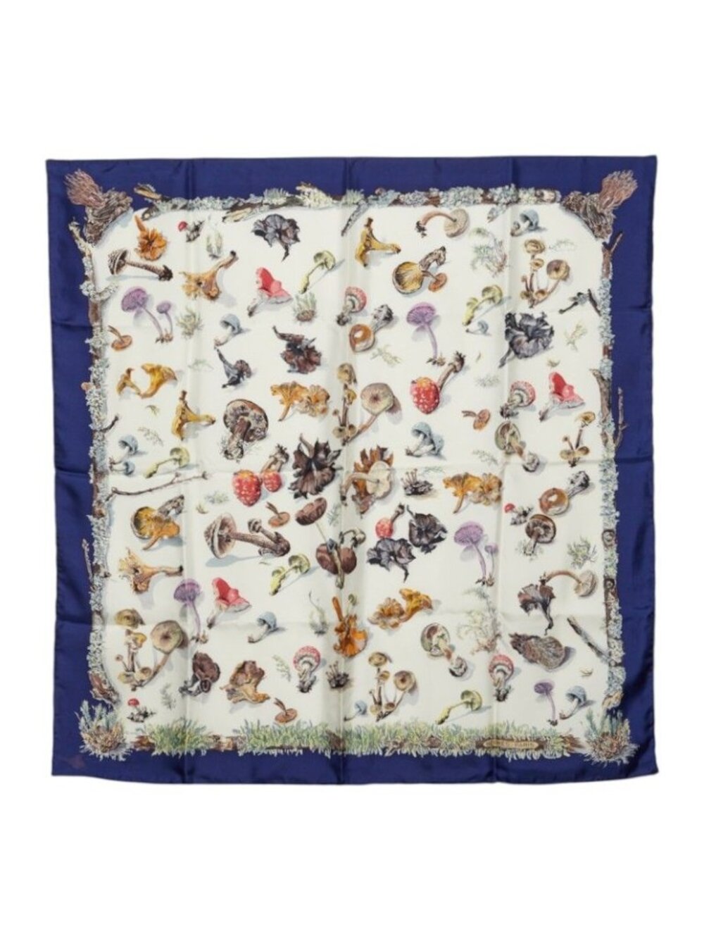 Hermes Carre 90 Champignons Chien Pinion Mushroom Scarf Large Navy Multicolor